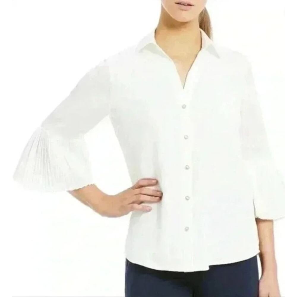 Karl Lagerfeld Paris women Sz L White blouse Flare Sleeves Gold Pearl Button